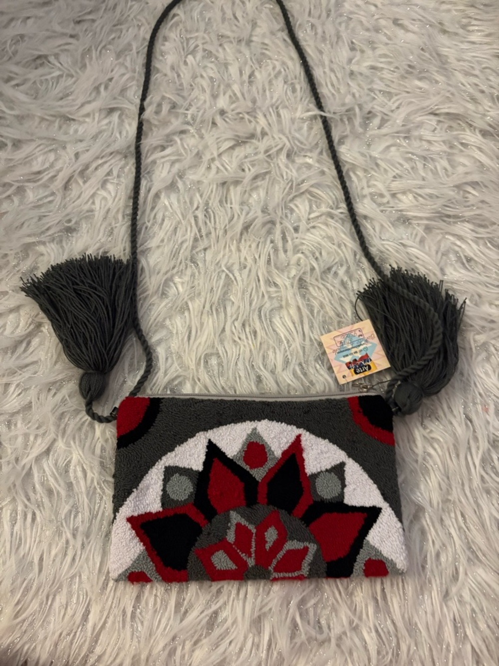 Handwoven Gray & Red Floral Crossbody Bag MADE & BROUGHT FROM COLUMBIA